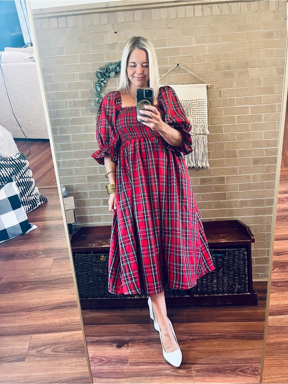 Smocked Red Plaid Midi Dress with Puff Sleeves